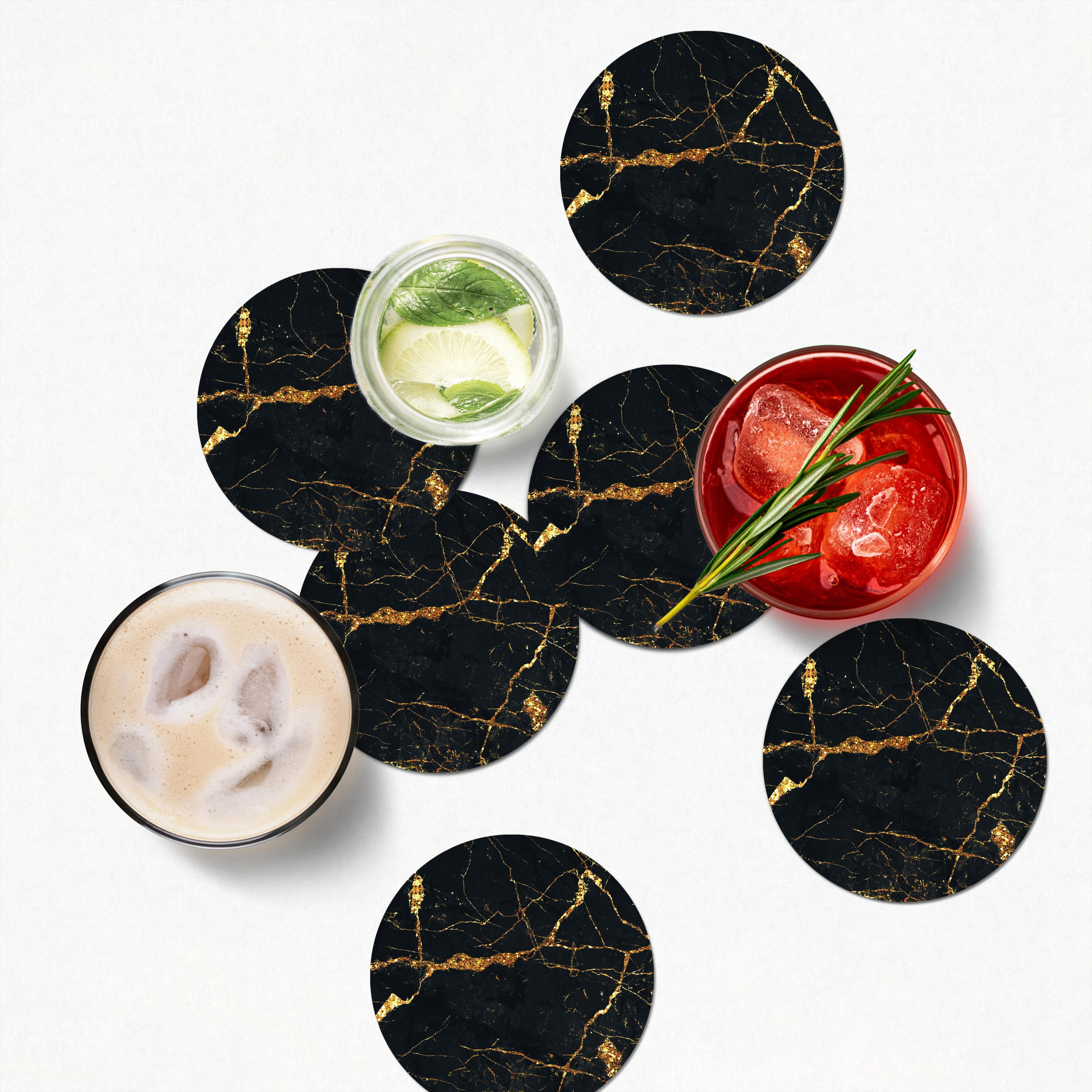 GLASUNTERSETZER 6er-Set Rund Gold - Marmor - Glitzer - Luxus 10x10 cm - Goldfarben, Naturmaterialien (10/0.2cm) - MuchoWow
