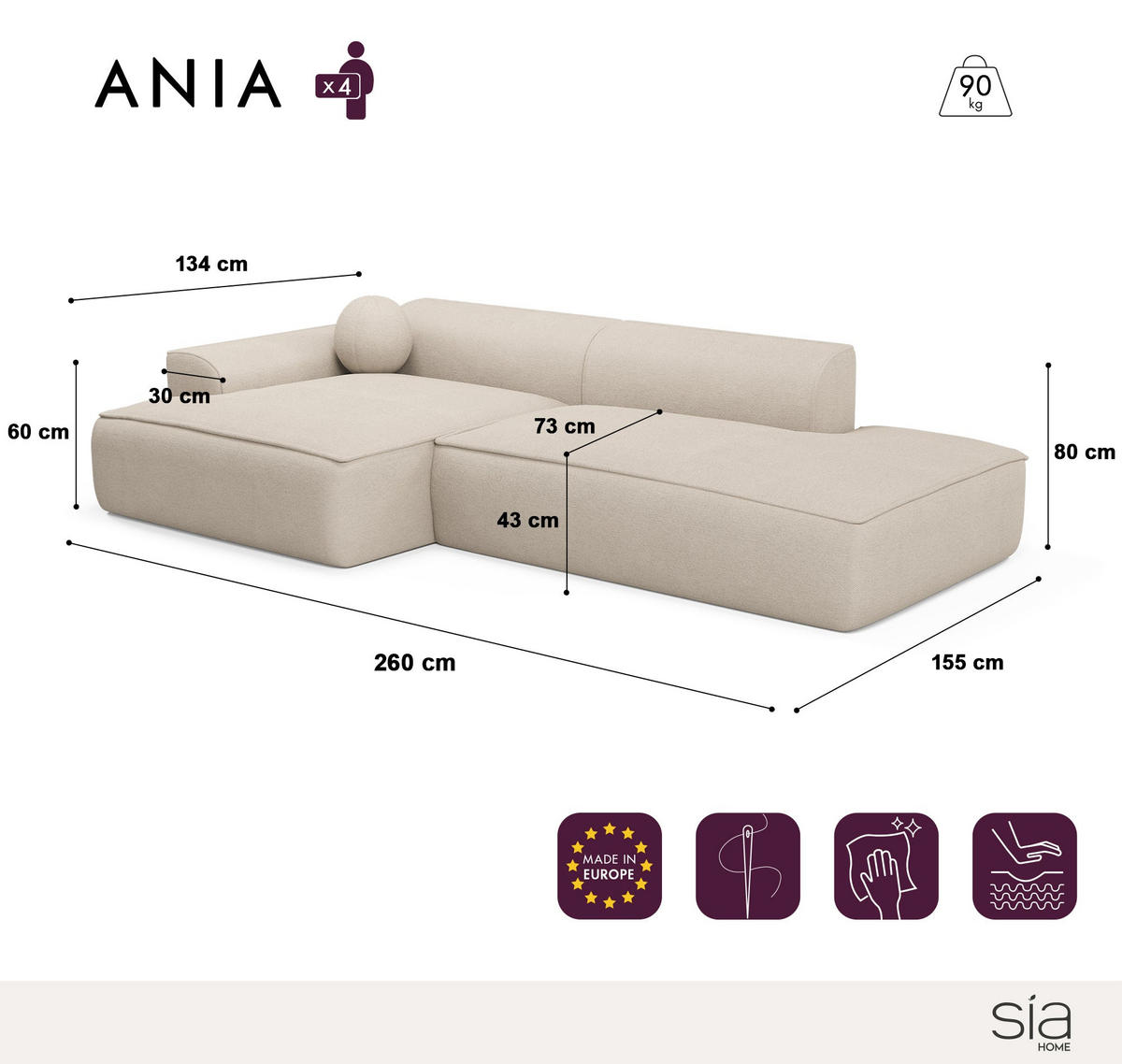 ECKSOFA LINKS Rastergewebe Creme 260cm - Creme, Textil (155/260cm) - Sia Home