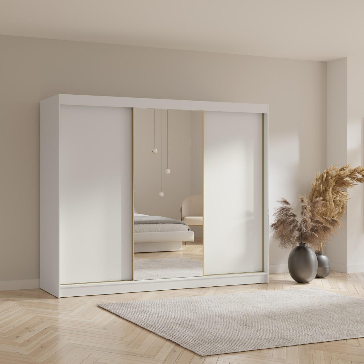 SCHWEBETÜRENSCHRANK mit Spiegel Fiore 3D1L 250 Weiß/Gold - Goldfarben/Weiß, Holzwerkstoff/Metall (250/200/60cm) - mzm24