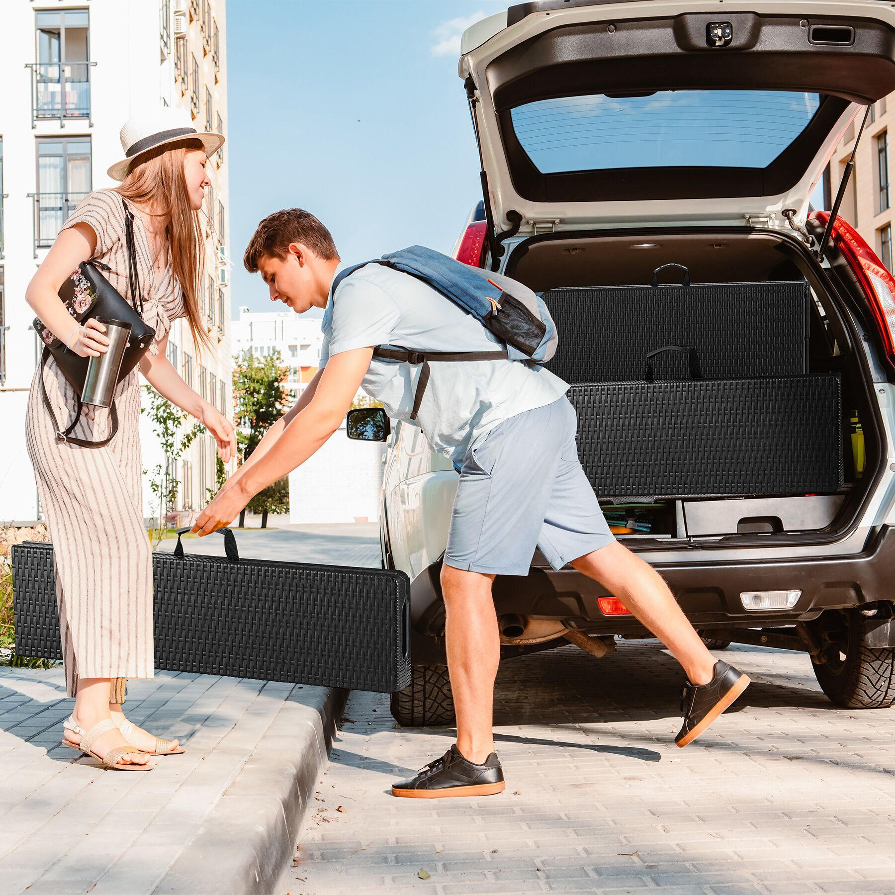 Thumbnail - tectake Campingtischgarnitur, Schwarz, Kunststoff, Baum/Pflanze/Natur, Rechteckig, 74x72x180 cm, Gartenmöbel, Gartentisc...