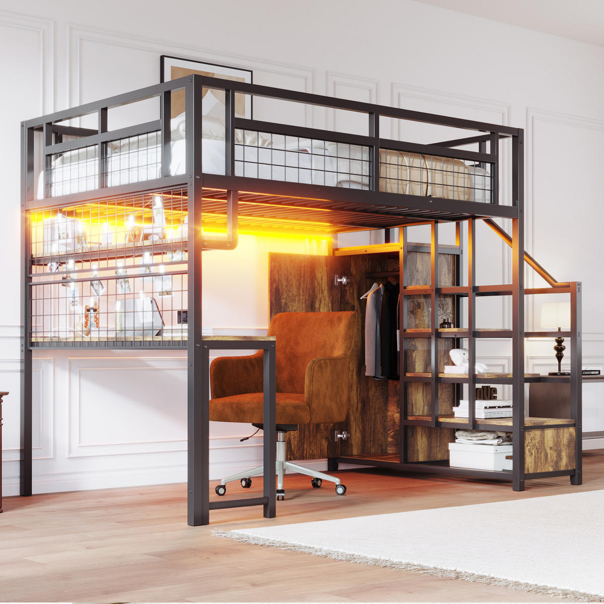 HOCHBETT 140/200 cm aus Metall und MDF mit Schreibtisch, Stauraumtreppe und Kleiderschrank Schwarz - Schwarz, Metall (140/200cm) - Modenvie