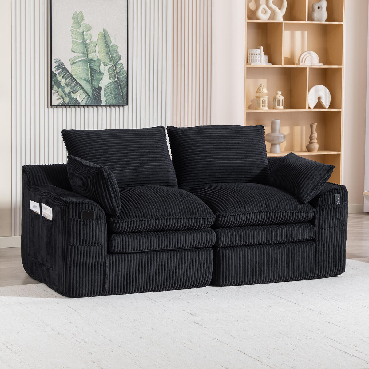 2-SITZER SOFA Cord Schwarz mit Kissen und Seitentaschen - Schwarz, Textil (191/85/94cm) - WISHDOR
