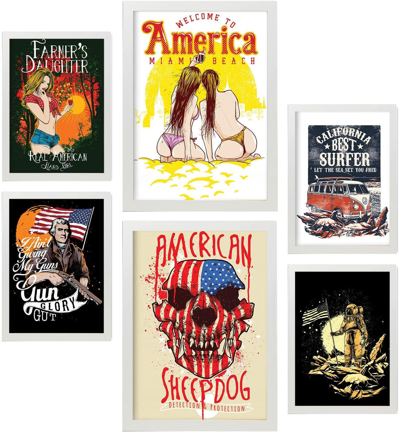 POSTER Set Mit 6 Amerika In Rustikale Zitate A3 & A4 Weißer Rahmen - Weiß, Papier (29/3cm) - Nacnic