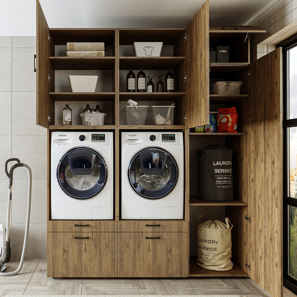 WASCHMASCHINENSCHRANK Serie 2 194cm Breit, 240cm Hoch - Eichefarben, Holzwerkstoff (194/240/67cm)
