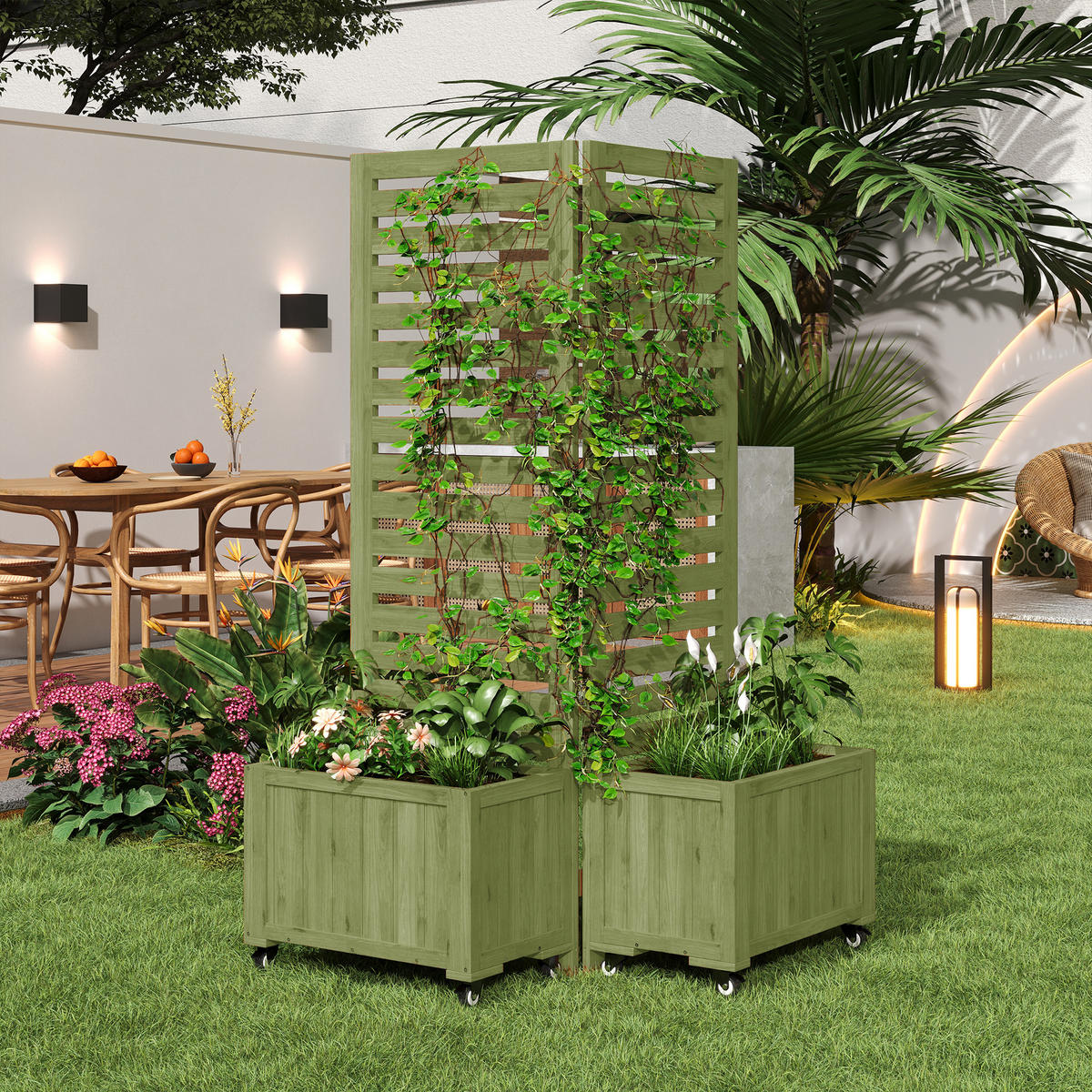 PFLANZKÜBEL Massives Tannenholz Grün mit Spalier - Grün, Holz (32/32/102.5cm) - ComfortXL