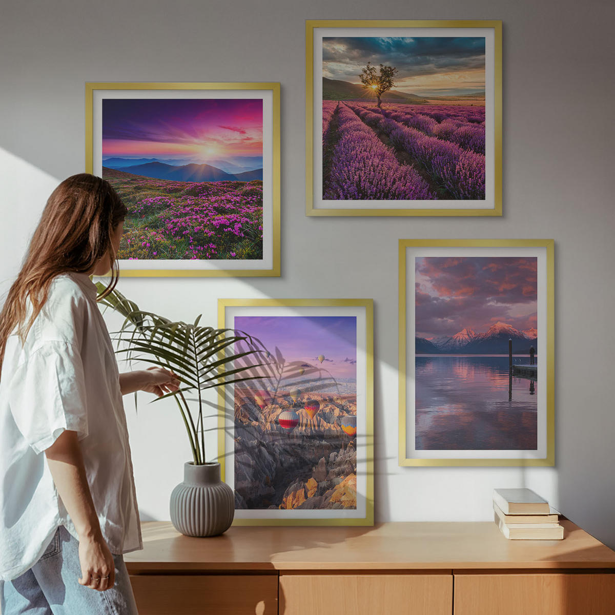 BILDER SET 4er Set - 50x50 cm & 40x60 cm Goldrahmen - Sonnenuntergang auf Lavendelfeldern - Goldfarben, Kunststoff (50/50cm) - TULUP