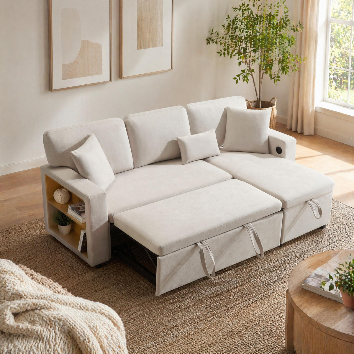 ECKSOFA mit USB-Anschluss Bettkasten Regal Beige - Beige, Textil (214/131cm) - EVRYAE