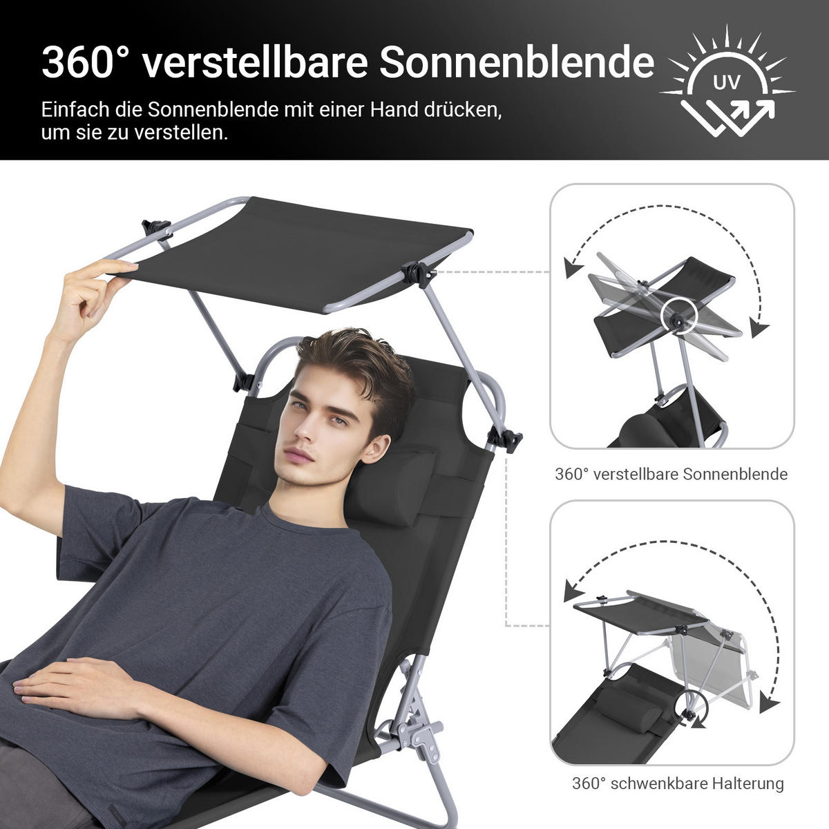 SONNENLIEGE 2er Set Schwarz - Schwarz, Textil/Metall (195/90/63cm) - SoBuy