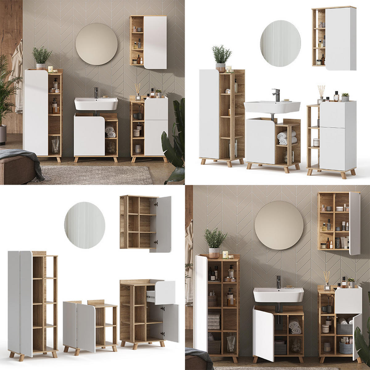 BADMÖBEL-SET Karen Sonoma/Weiß 5 Teile - Weiß/Sonoma Eiche, Holzwerkstoff (60/65/35cm) - Vicco
