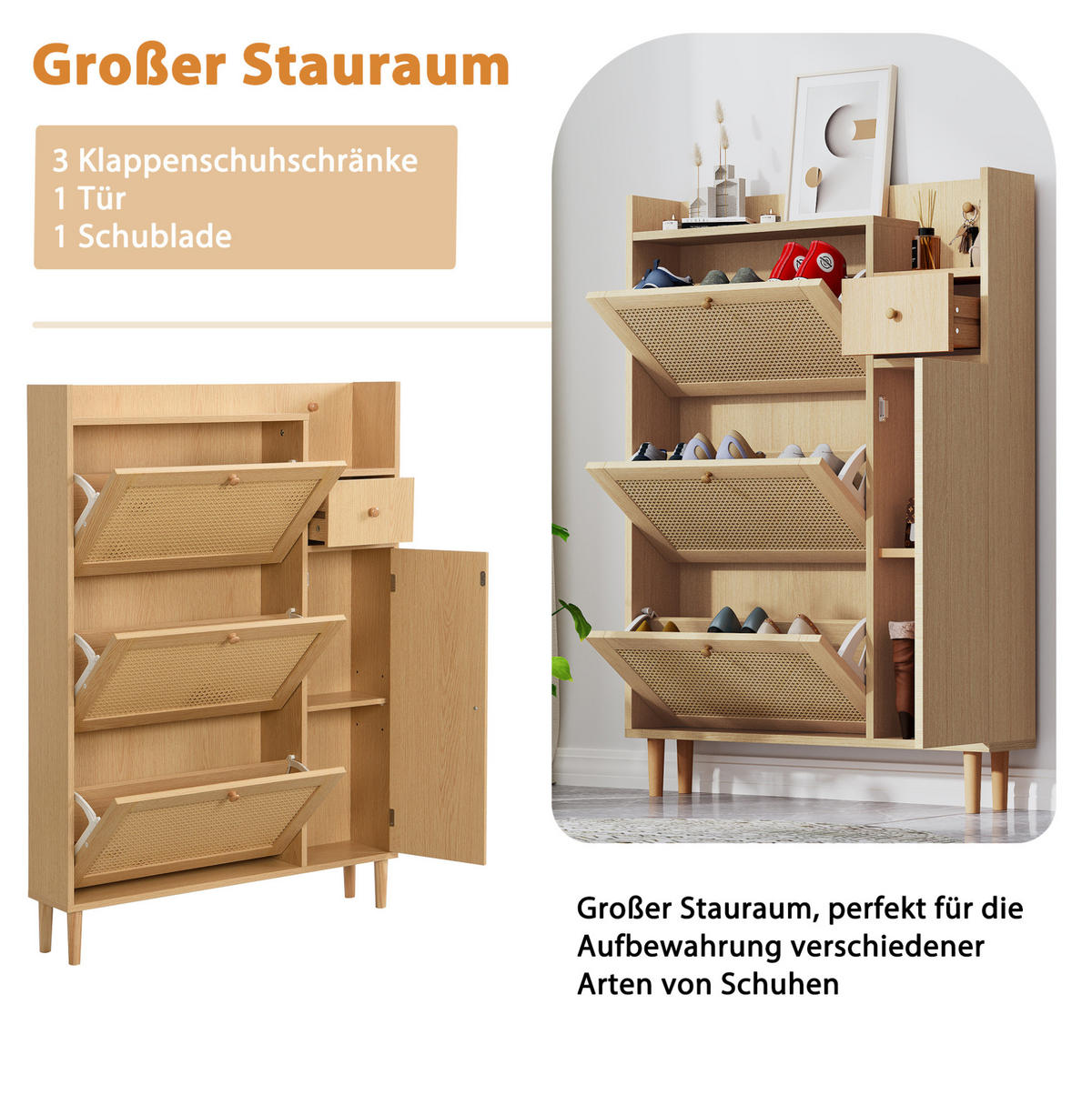 SCHUHSCHRANK 90/125/17 cm Natur/Weiß aus MDF mit 3 Klappen und Schublade - Weiß, Holzwerkstoff (90/125/17cm) - OKMYHOME