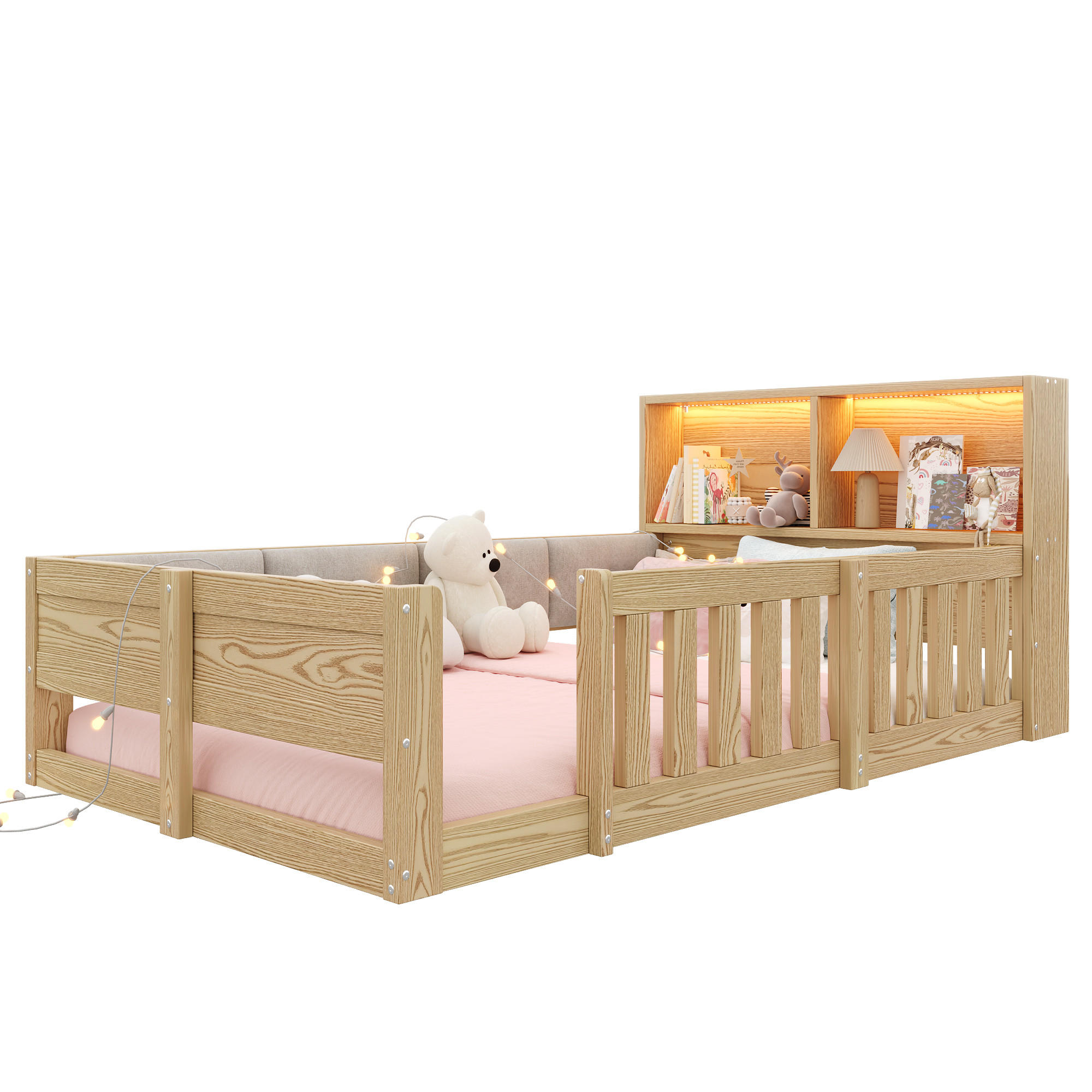 FLACHBETT 90x200cm Gitter Kinderbett LED Natur - Naturfarben, Holzwerkstoff (90/200cm) - FLIEKS