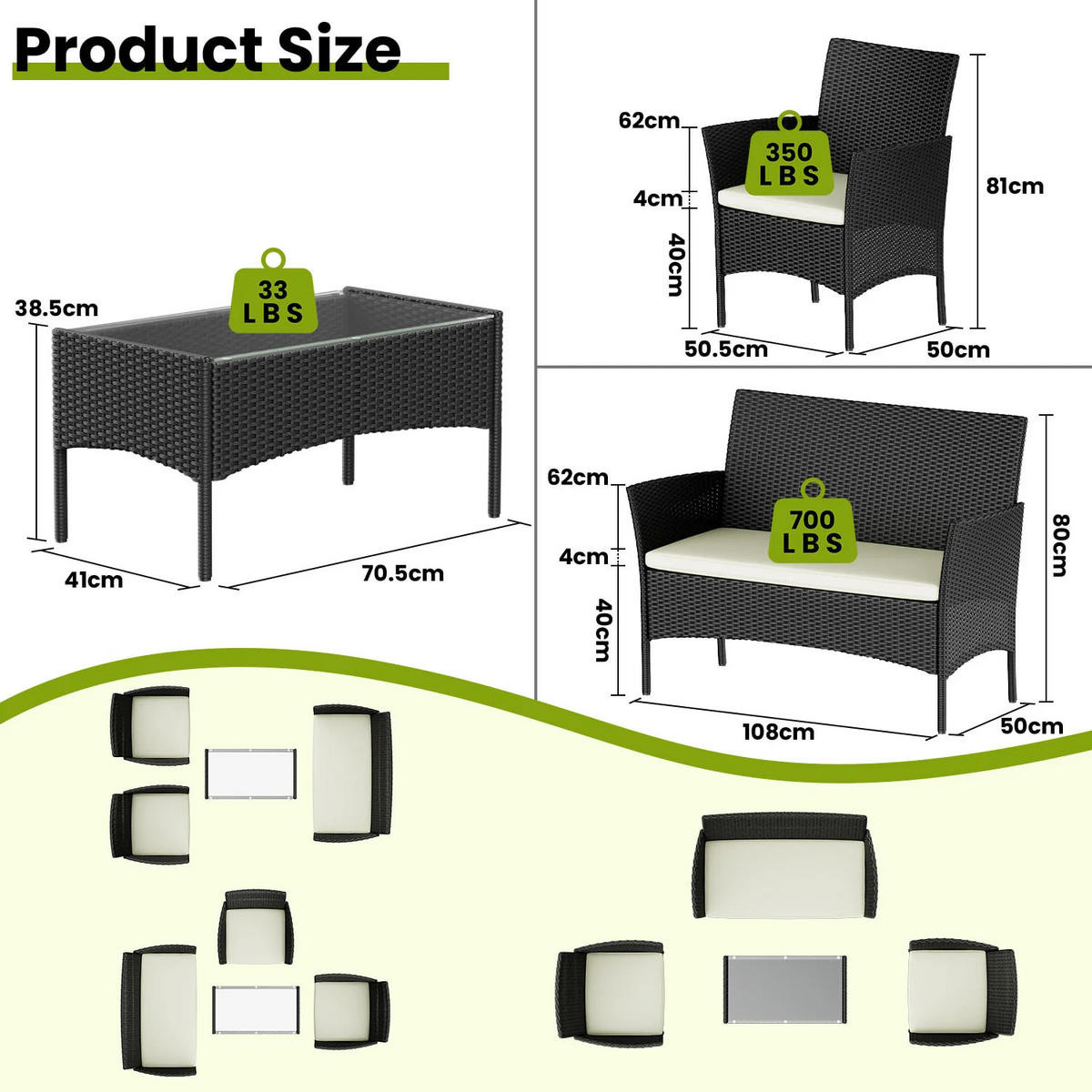 ECKSOFA Loungeset 4tlg Schwarz Gartensofa Set - Schwarz, Textil - Rattrix