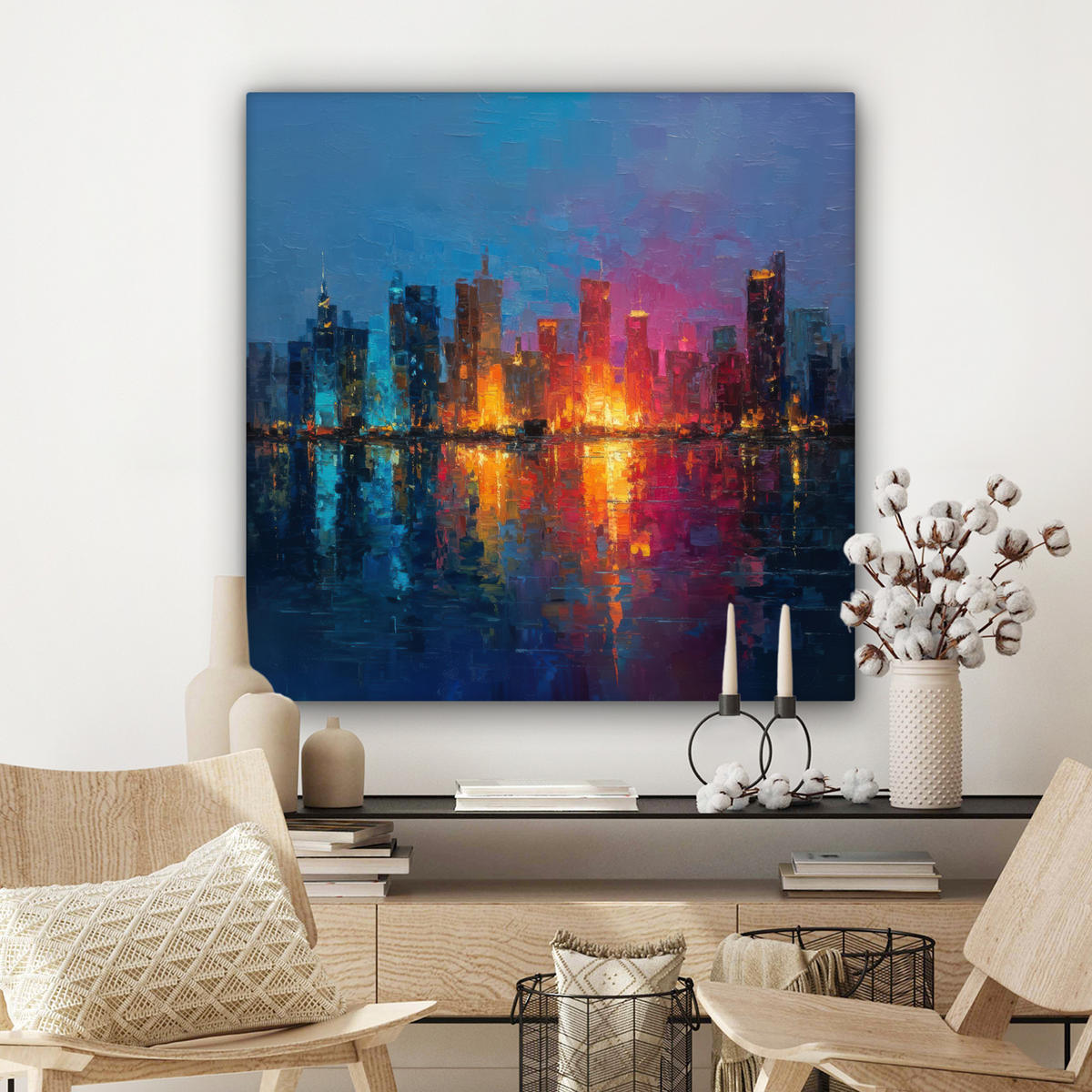 LEINWANDBILD Skyline - Pinselstriche - Dunkelblau - Leuchtend Deko Groß 90x90 cm - Blau, Textil (90/90cm) - MuchoWow