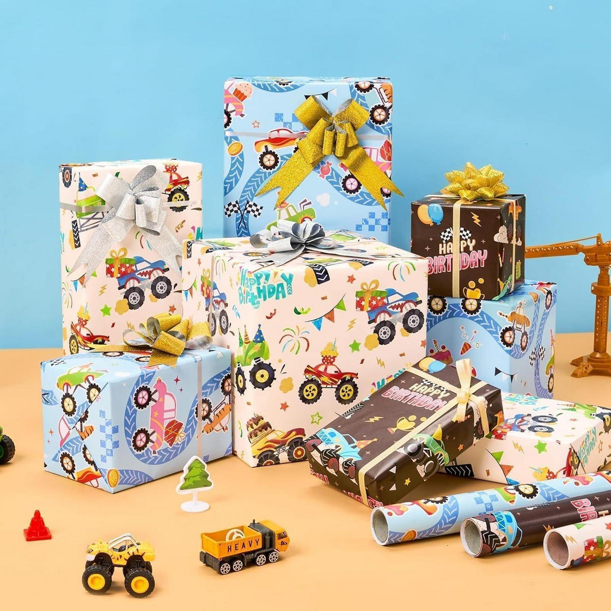 GESCHENKPAPIER 3 Rollen Monster Truck Motiv - Multicolor, Papier (43/43/43cm)