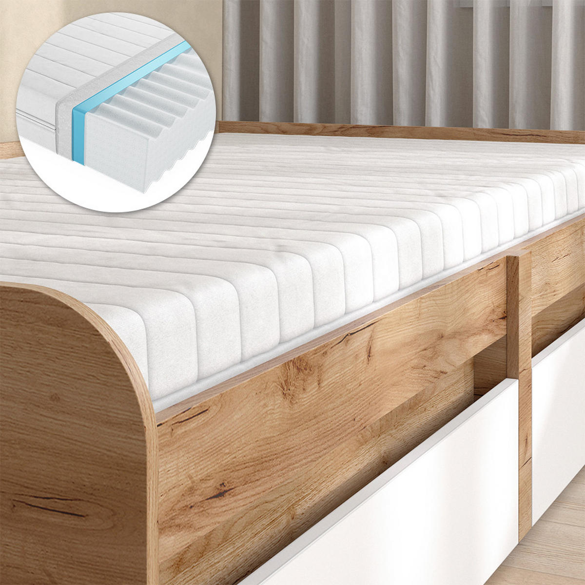 KINDERBETT Clario Weiß/Artisan 90x200 cm mit Matratze - Weiß/Eiche Artisan, Holzwerkstoff - Vicco