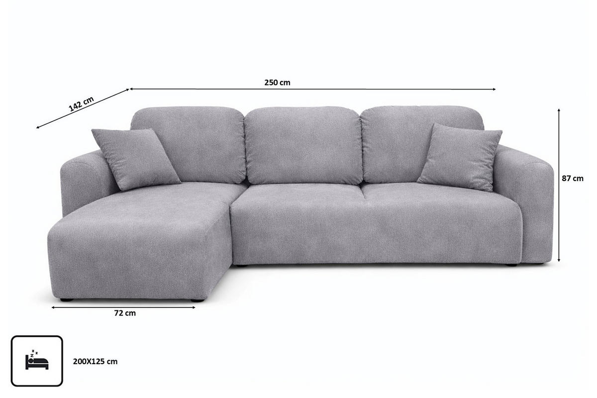 ECKSOFA Mit Schlaffunktion Und Bettkasten, Sofa L-Form Bingo L, Veloursstoff Salvador, Grau, Links - Grau, Holz (250/142cm) - Kaiser Möbel