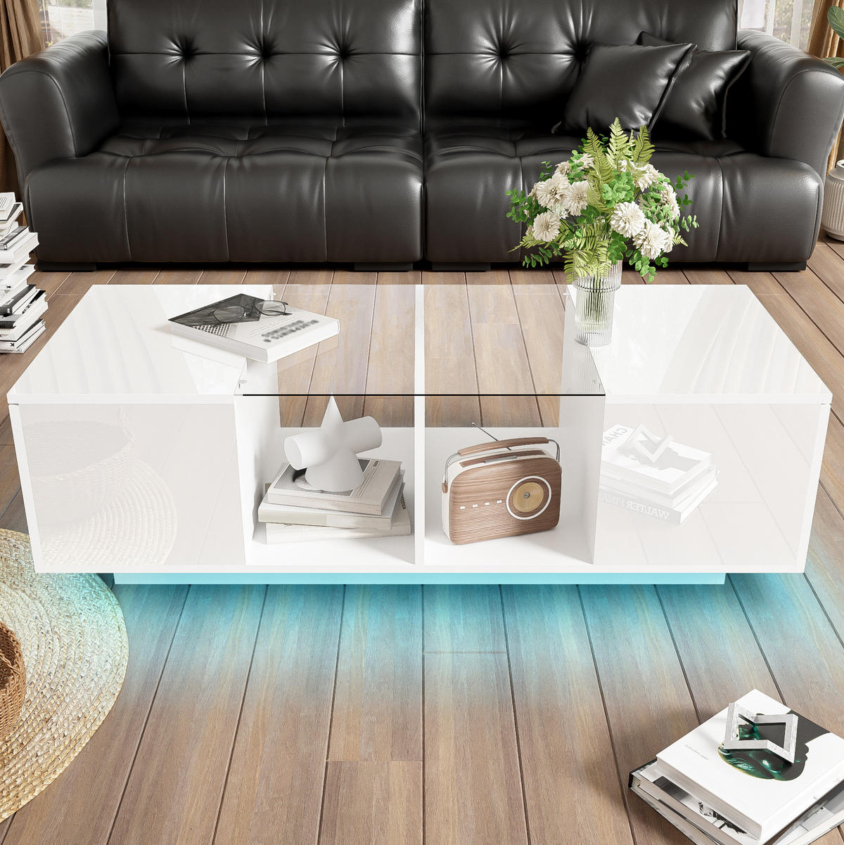 COUCHTISCH 120/50/38.5 cm weiß aus Glas und MDF mit LED-Beleuchtung - Weiß, Holzwerkstoff (120/50/38.5cm) - OKMYHOME