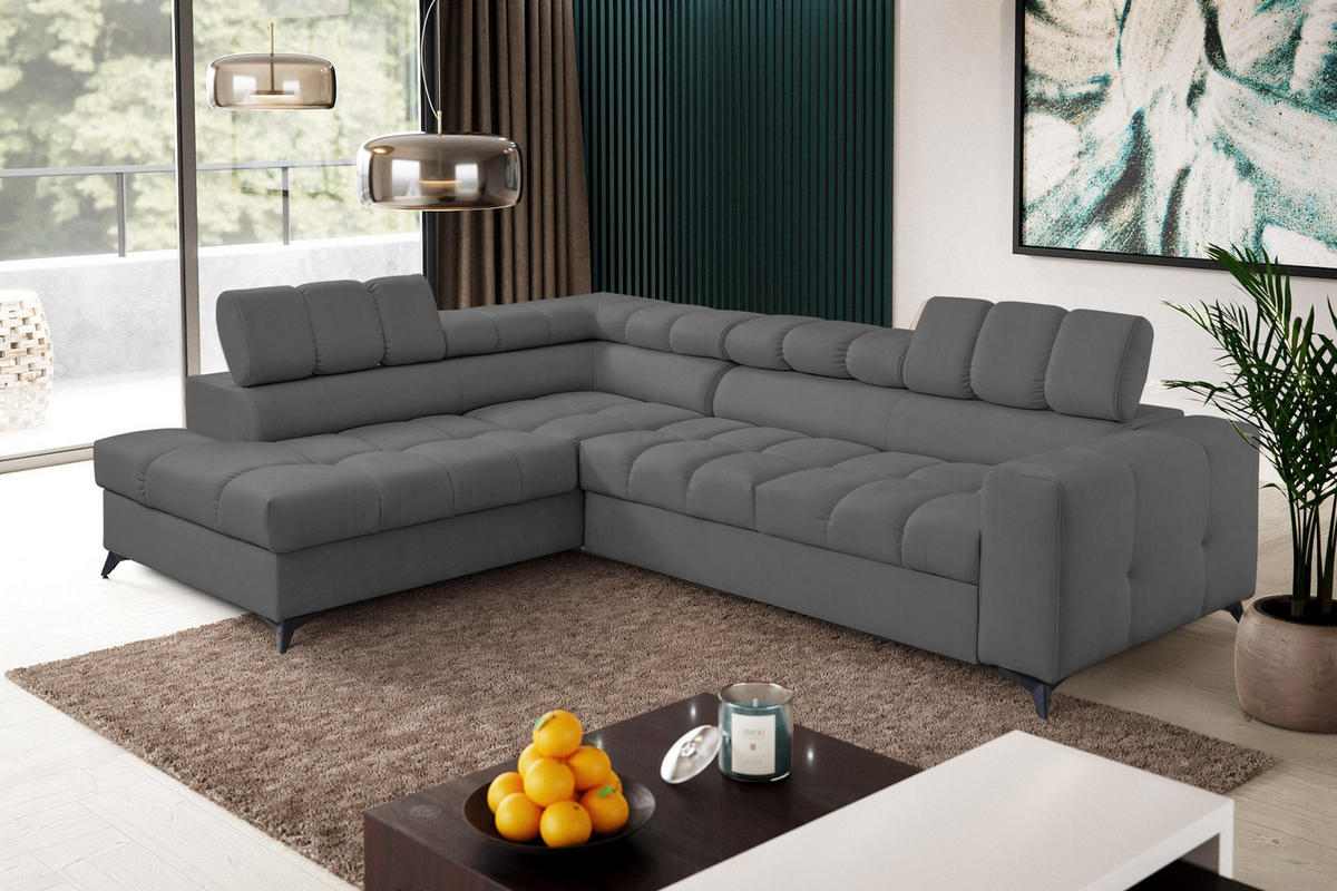 ECKSOFA Andrea L-Form mit verstellbaren Kopfstützen Schlaffunktion Bettkasten 267 cm links dunkelgrau - Dunkelgrau, Kunststoff (106/267cm) - Margaret Hadas24
