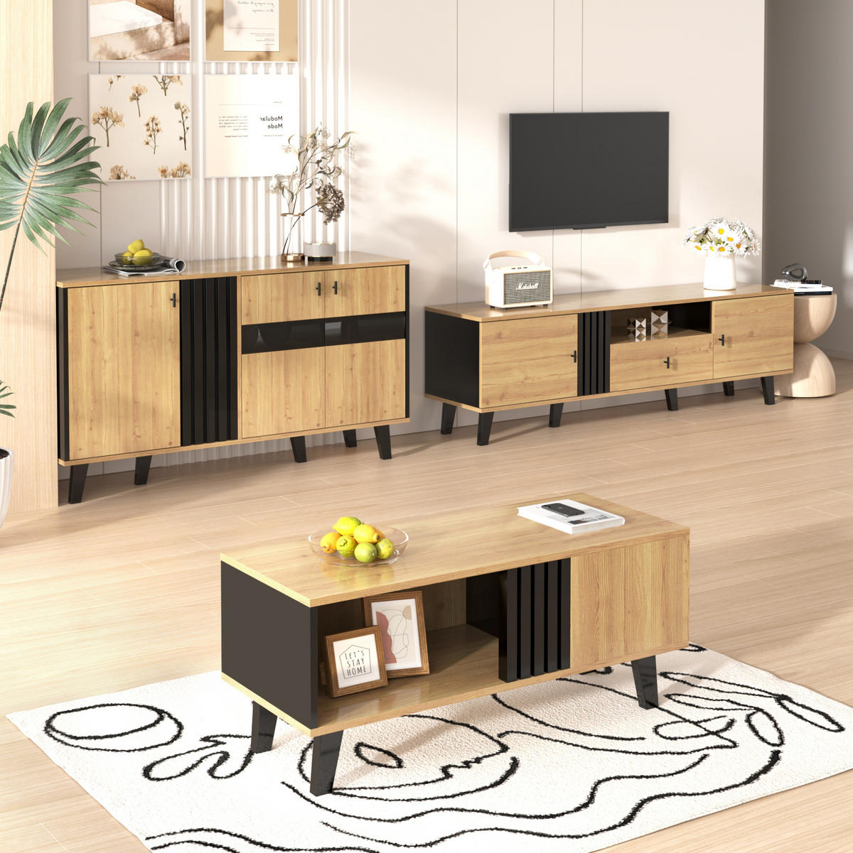 SIDEBOARD 80/120/40 cm in Holzfarben/Schwarz mit Glastüren und LED-Beleuchtung - Naturfarben, Holzwerkstoff (80/40/120cm) - Flora Grace