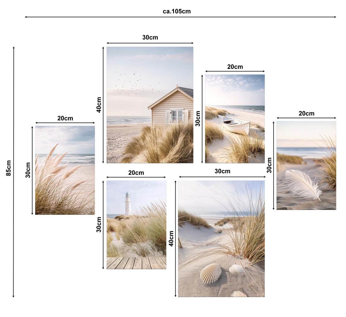 BILDERSET 6er-Set 30x40 cm + 20x30cm Strand Meer - Beige, Kunststoff (105/85cm) - artissimo