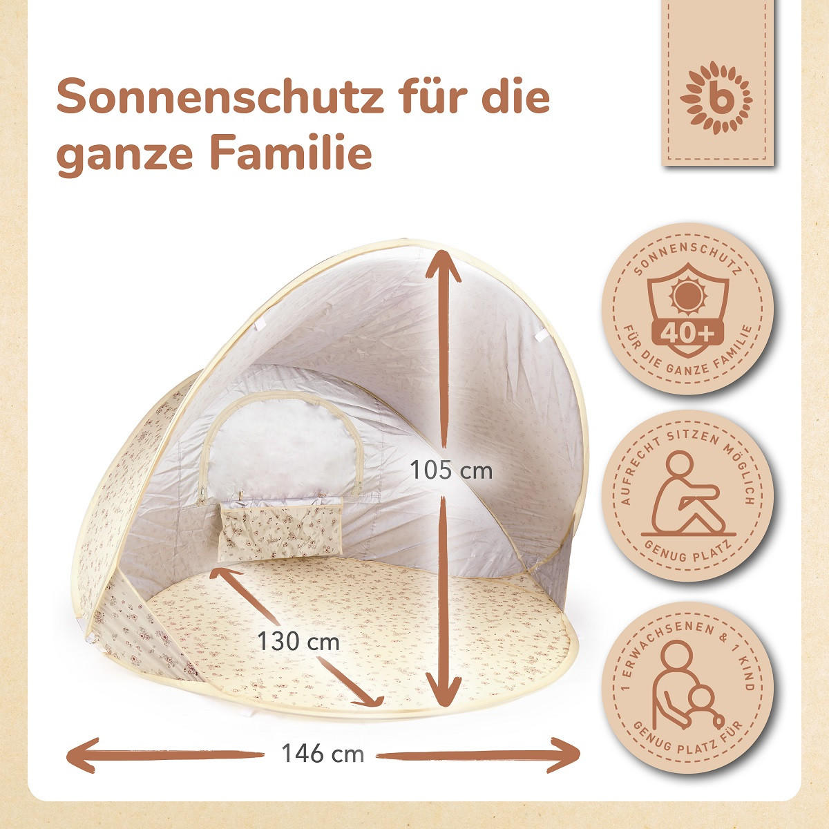 STRANDMUSCHEL Pop-up, UV-Schutz 40+ - Creme, Textil (105/146cm) - Bieco Spielwaren