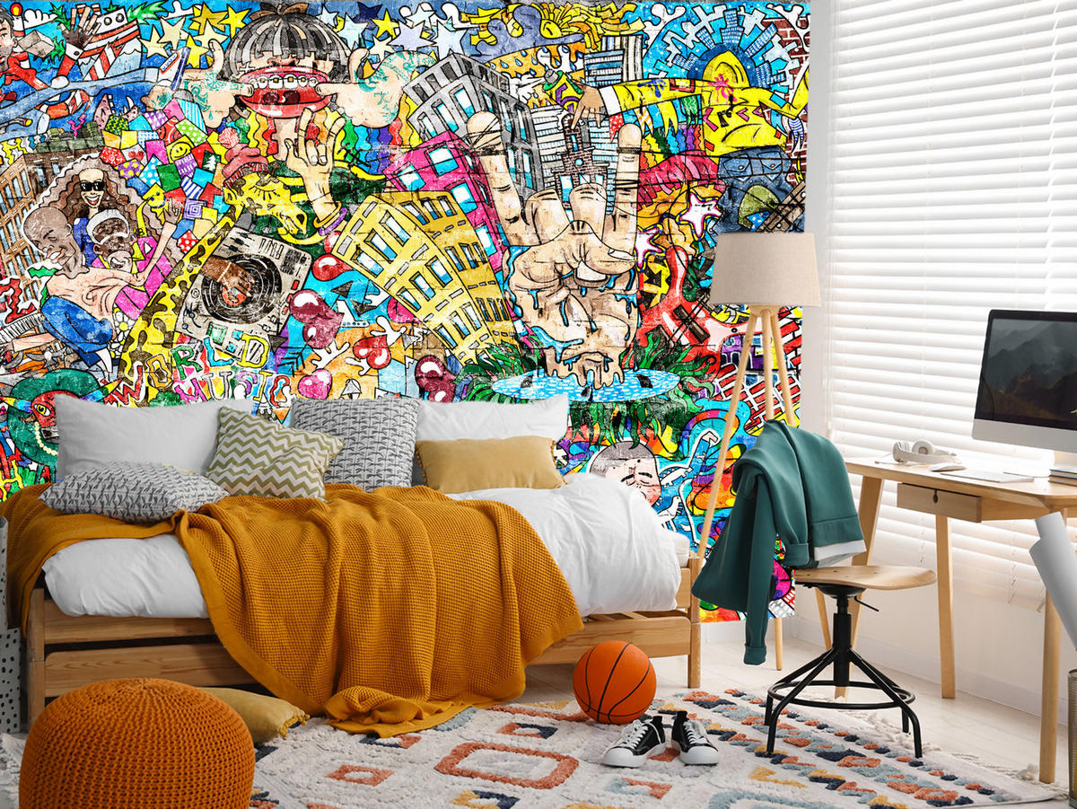 FOTOTAPETE für Jugendzimmer Buntes Graffiti Streetart Bunt 300x210 - Türkis/Gelb, Papier (300/210cm) - Muralo