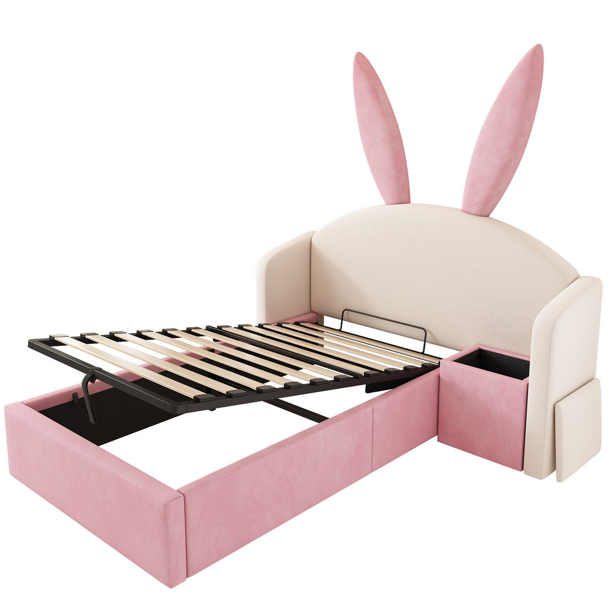 KINDER-POLSTERBETT 90x190 cm in Beige-Rosa mit Hasenohren, Stauraum und Nachttisch - Beige, Textil (90/190cm) - IVMEU