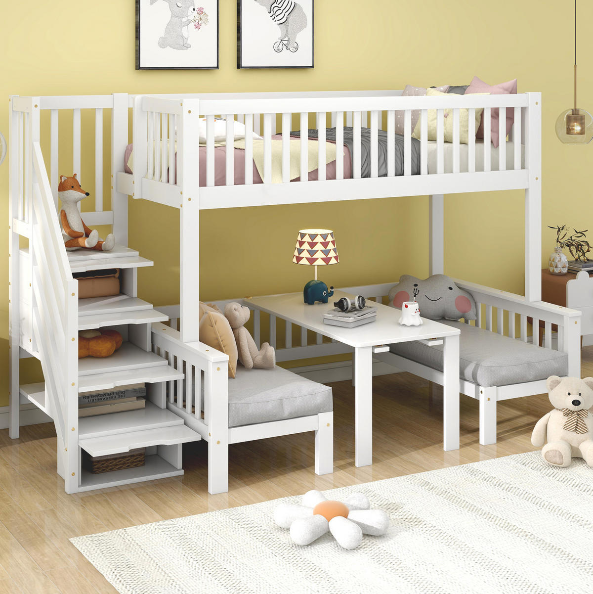 HOCHBETT 90/200 & 120/200 cm aus Kiefer und MDF mit Stauraumtreppe und Klapptisch Weiß - Weiß, Holz (90/200cm) - Modenvie