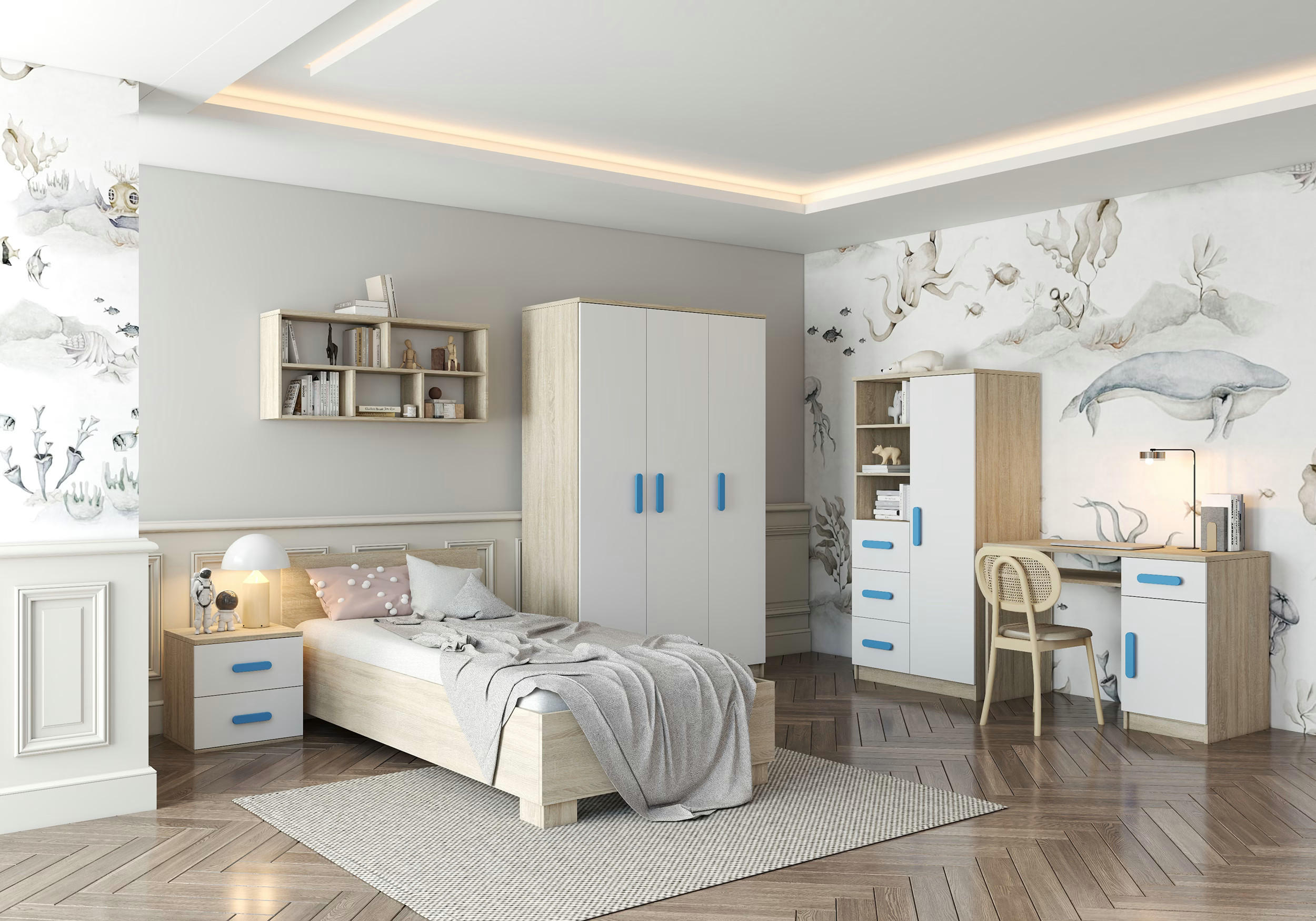 JUGENDZIMMER Elora in Eiche und Weiß – 6-teiliges Set – Grifffarbe Blau - Braun, Holzwerkstoff (80/200/120cm)