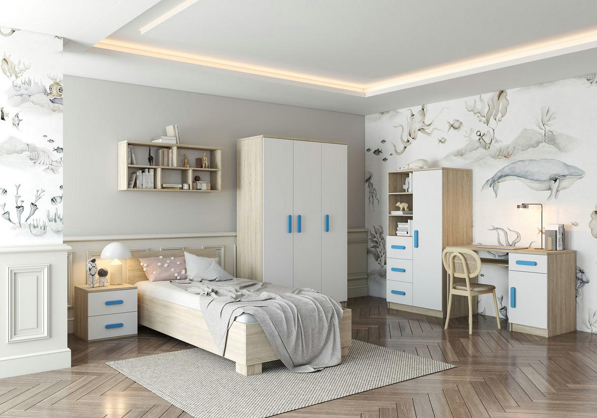JUGENDZIMMER Elora in Eiche und Weiß – 6-teiliges Set – Grifffarbe Blau - Braun, Holzwerkstoff (80/200/120cm)