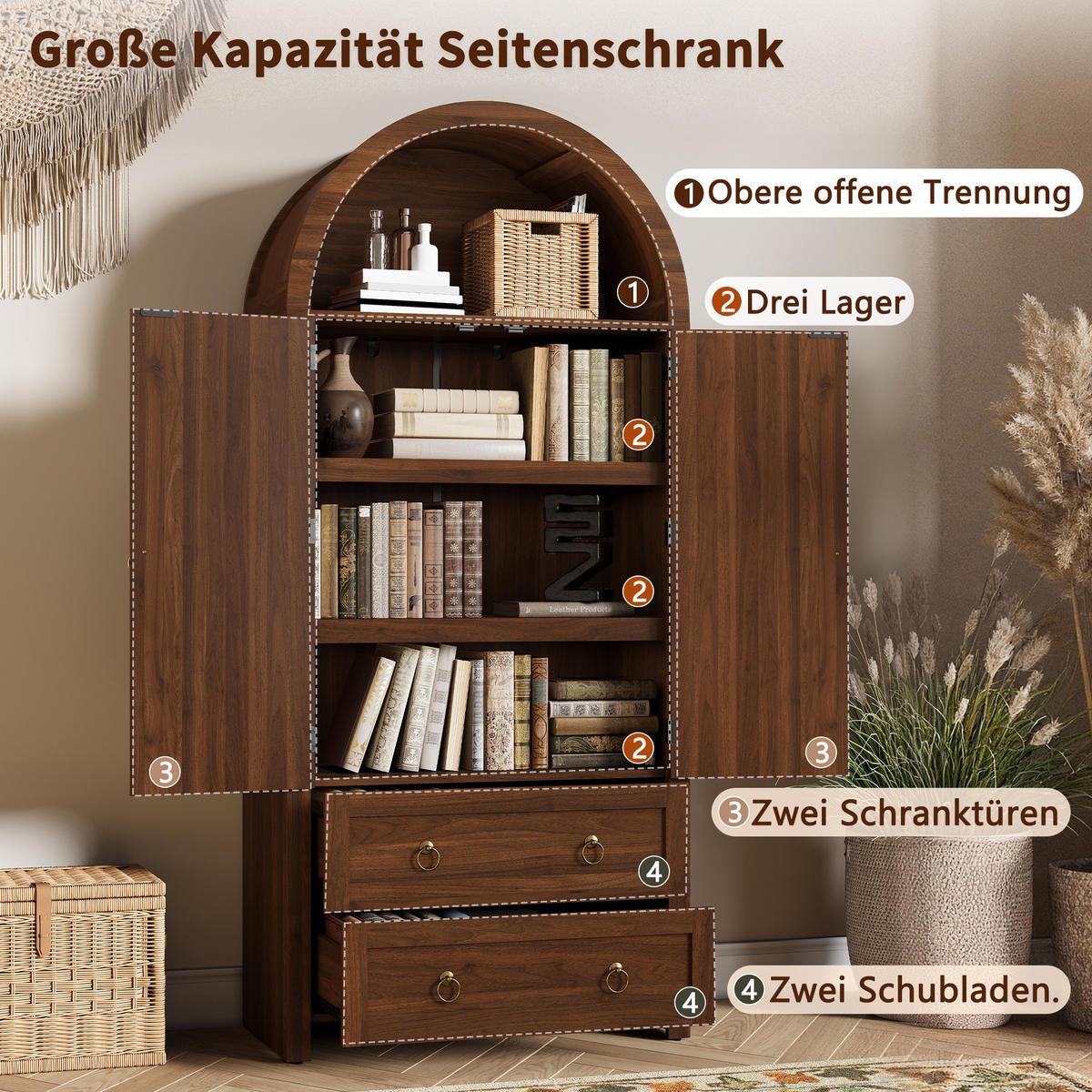 SIDEBOARD Korbgeflecht Bogenstil 2 Schubladen Vintage Stauraum - Walnussfarben, Holzwerkstoff (40/180/80cm) - FLIEKS