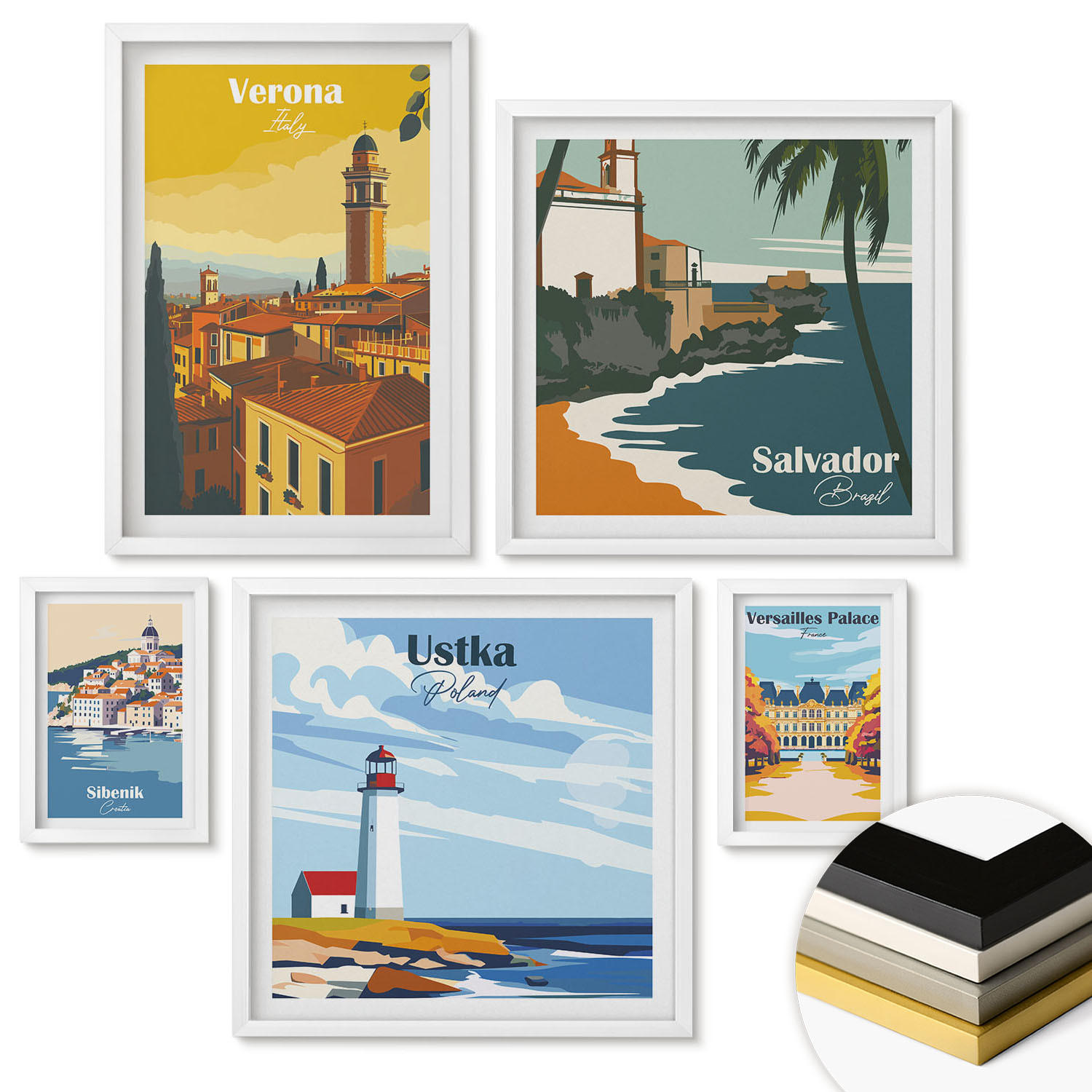 WANDBILDER 5er-Set - 50x50 cm & 20x30 cm & 40x60 cm Weißer Rahmen - Europäische Städte in farbigen Illustrationen - Weiß, Kunststoff (40/60cm) - ArtPrintCave