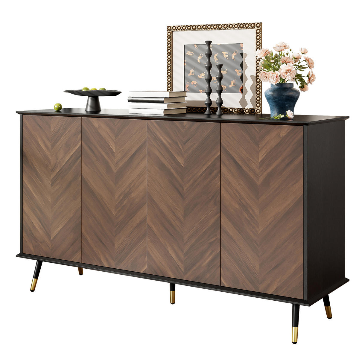 SIDEBOARD Fischgrätmuster 4 Türen - Schwarz, Holzwerkstoff (140/80/40cm)