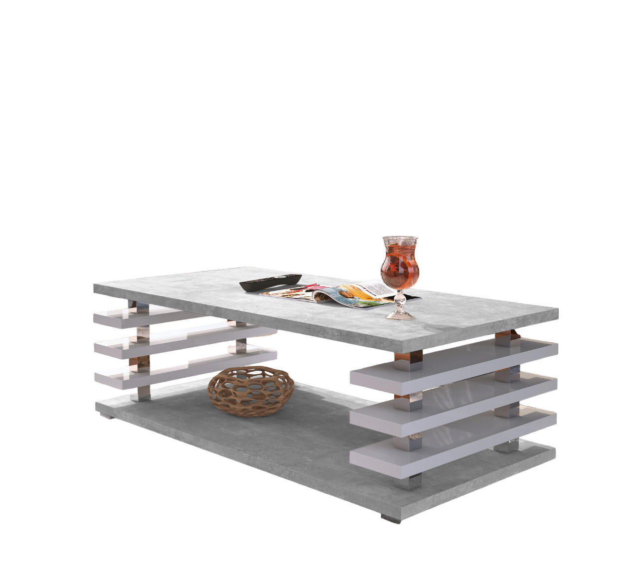 COUCHTISCH rechteckig Beton - Weiß Hochglanz Ablage 120/40/60 cm - Weiß Hochglanz/Hellgrau, Holzwerkstoff (60/120/40cm) - designimpex