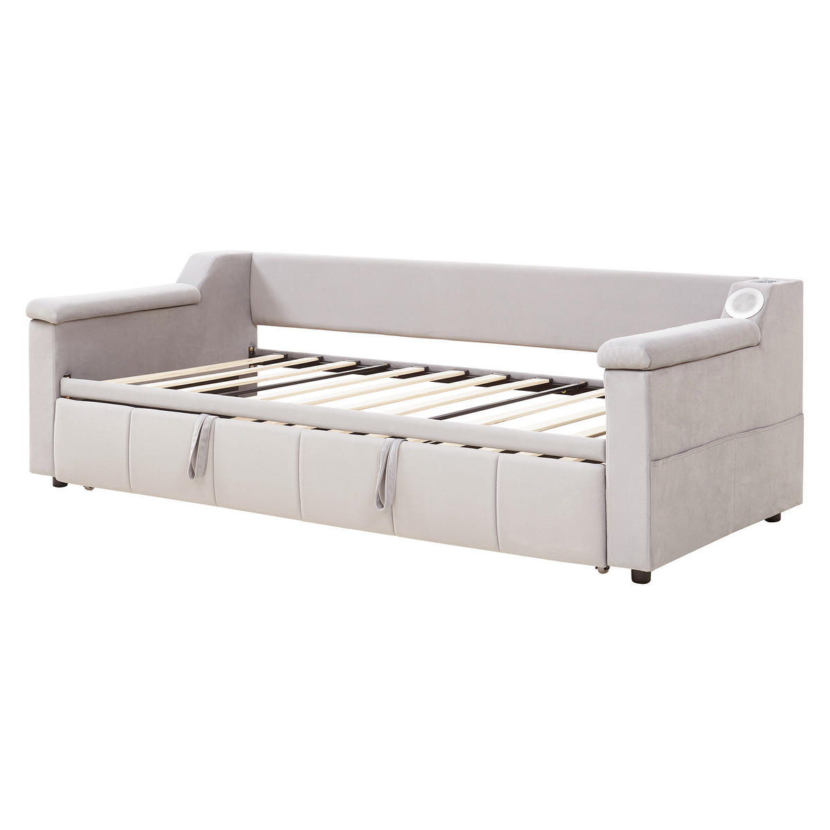 AUSZIEHBETT 90/190 cm beige mit Bluetooth-Stereoanlage und Ablagefächern - Weiß, Textil (90/190cm) - OKWISH