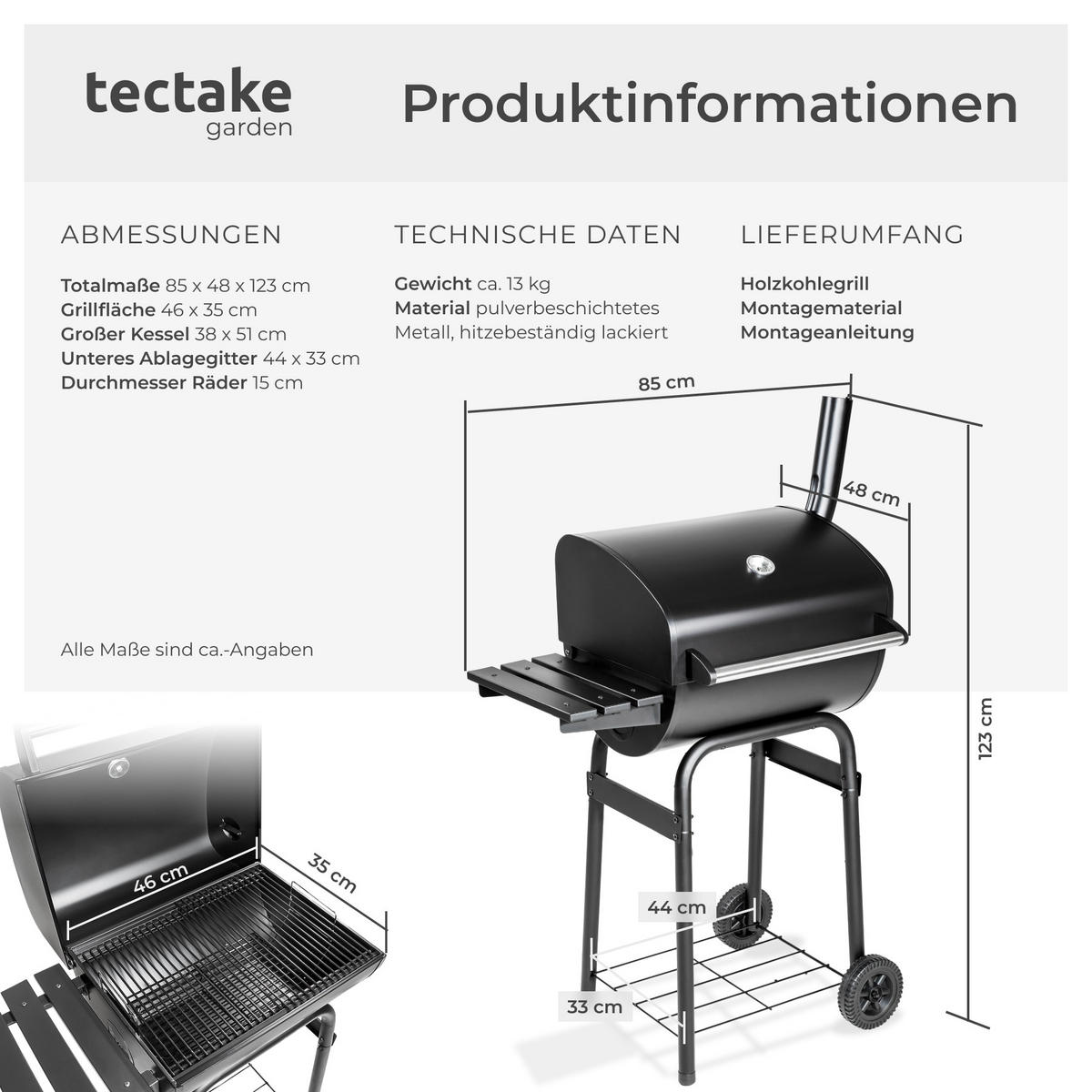 HOLZKOHLEGRILL ,85 x 48 x 123 cm,schwarz - Schwarz, Metall (48/123/85cm) - tectake