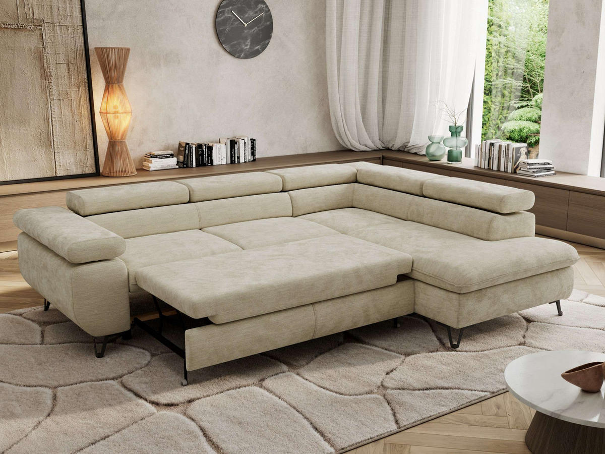 ECKSOFA PABLO L Beige Schenille glatt - Rechts Seite mit T25 Topper - Beige/Schwarz, Textil/Metall (273/208cm) - MKS