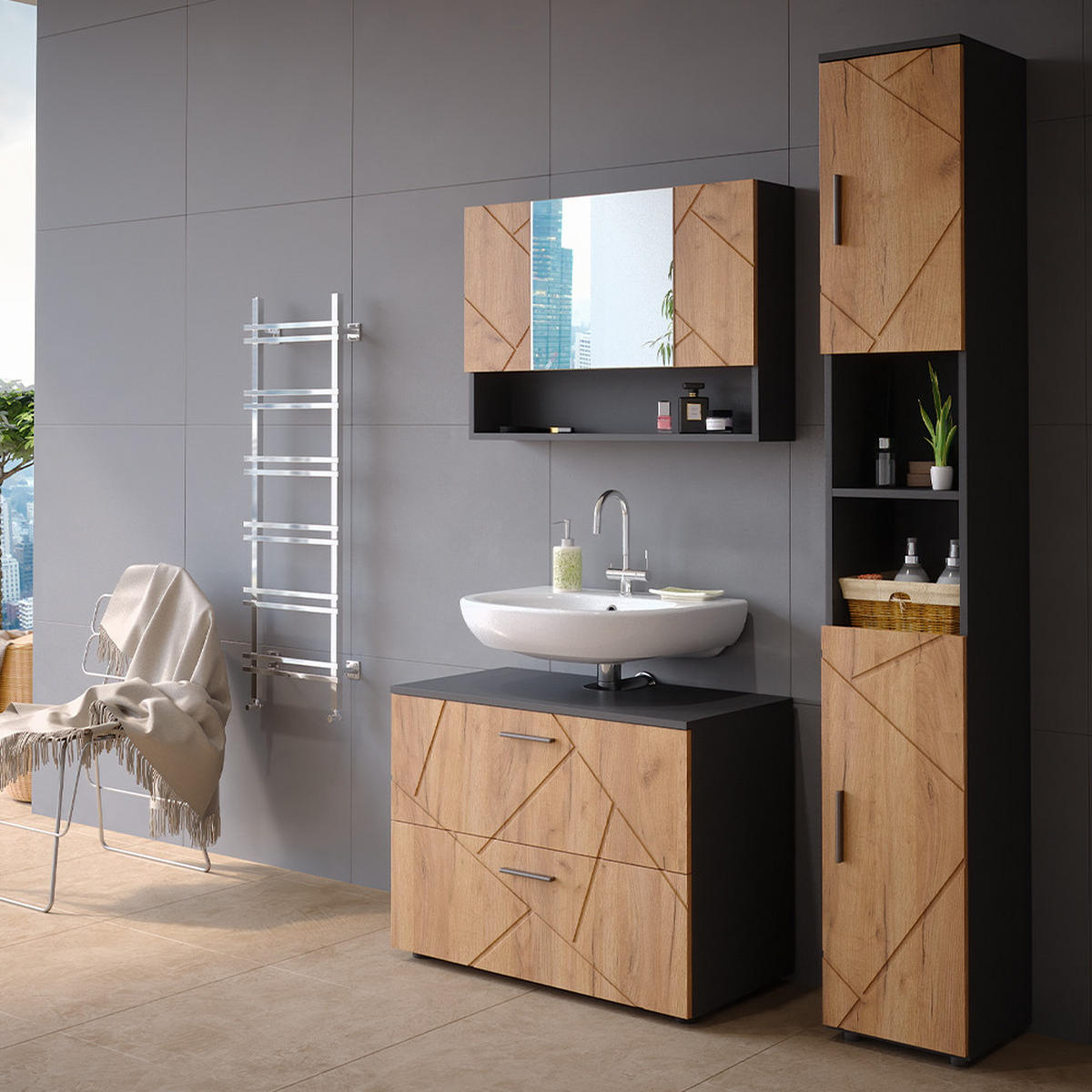 BADMÖBEL-SET Irma Goldkraft Eiche/Anthrazit 3 Teile mit Spiegelschrank 80 cm - Anthrazit/Eiche Wotan, Holzwerkstoff (80/58.6/41cm) - Vicco