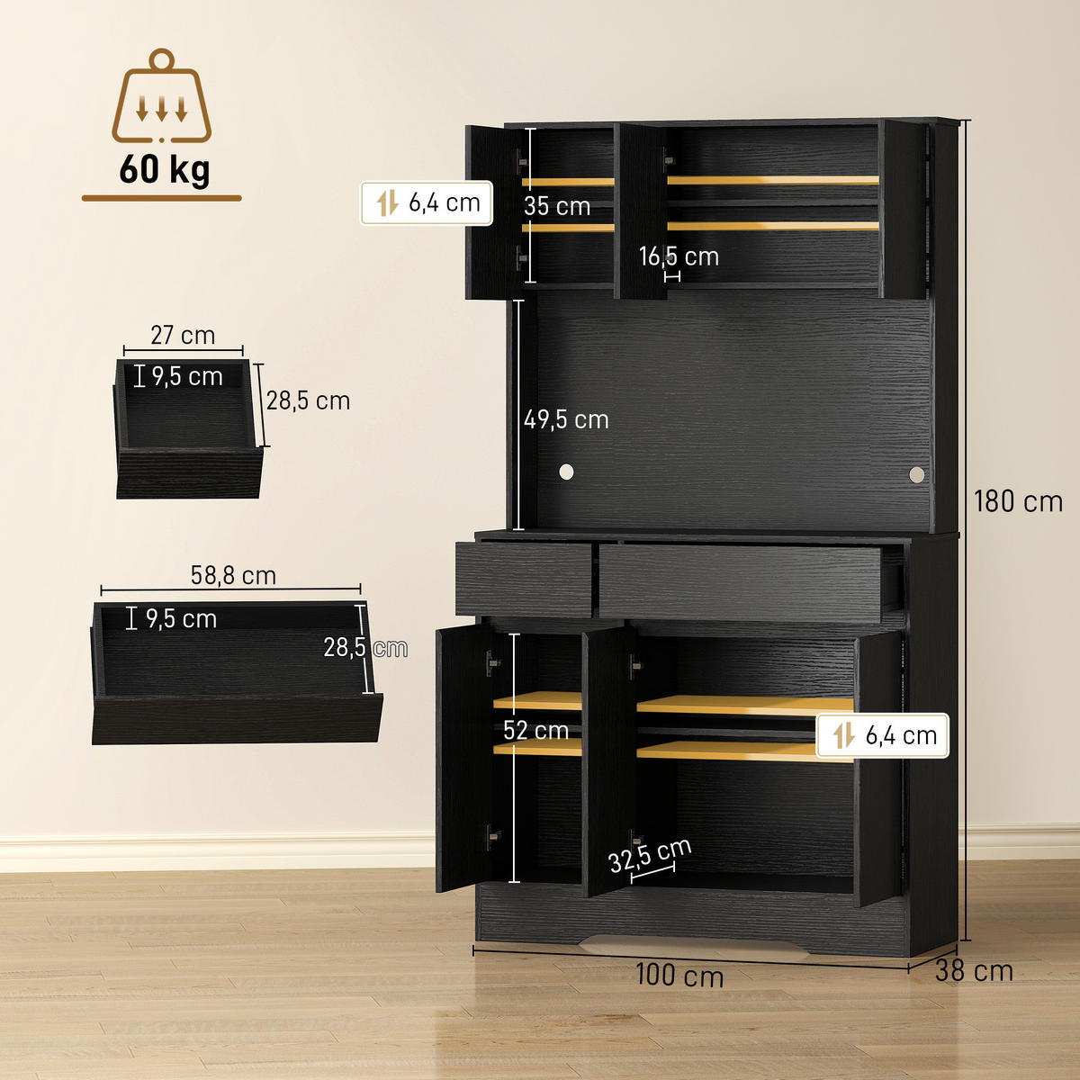 KÜCHENSCHRANK aus Spanplatte MDF 100/38/180 cm Schwarz - Schwarz, Holz/Holzwerkstoff (38/180/100cm) - HOMCOM