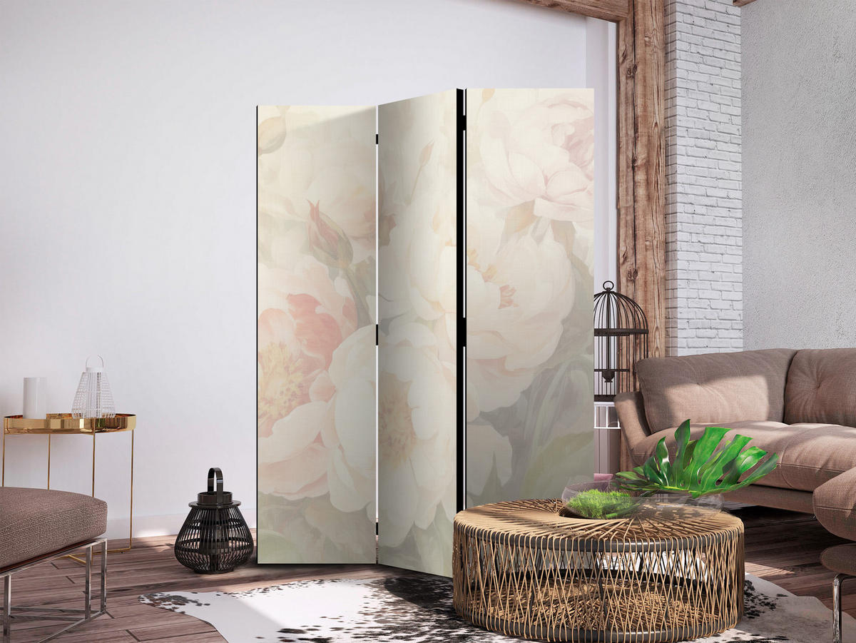 PARAVENT Akustik 3-tlg 135x172 cm Pfingstrosen Blumen - Creme, Holz/Textil (135/172/3cm) - Muralo