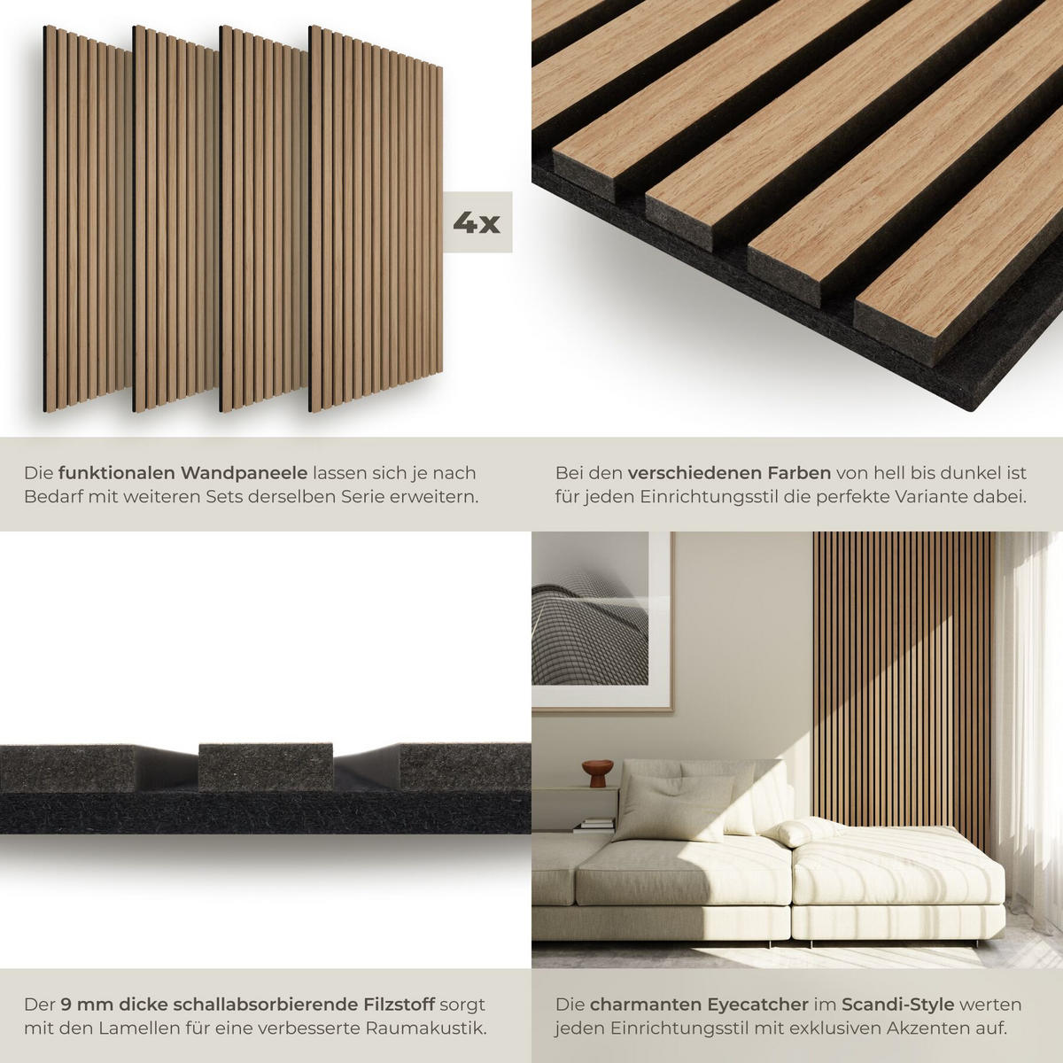 AKUSTIKPANEELE 4er Set Sonic Wall II, Echtholzfurnier, Schallabsorption, Größe flexibel anpassbar, Eiche - Braun, Holz (50/1.8/110cm) - tectake