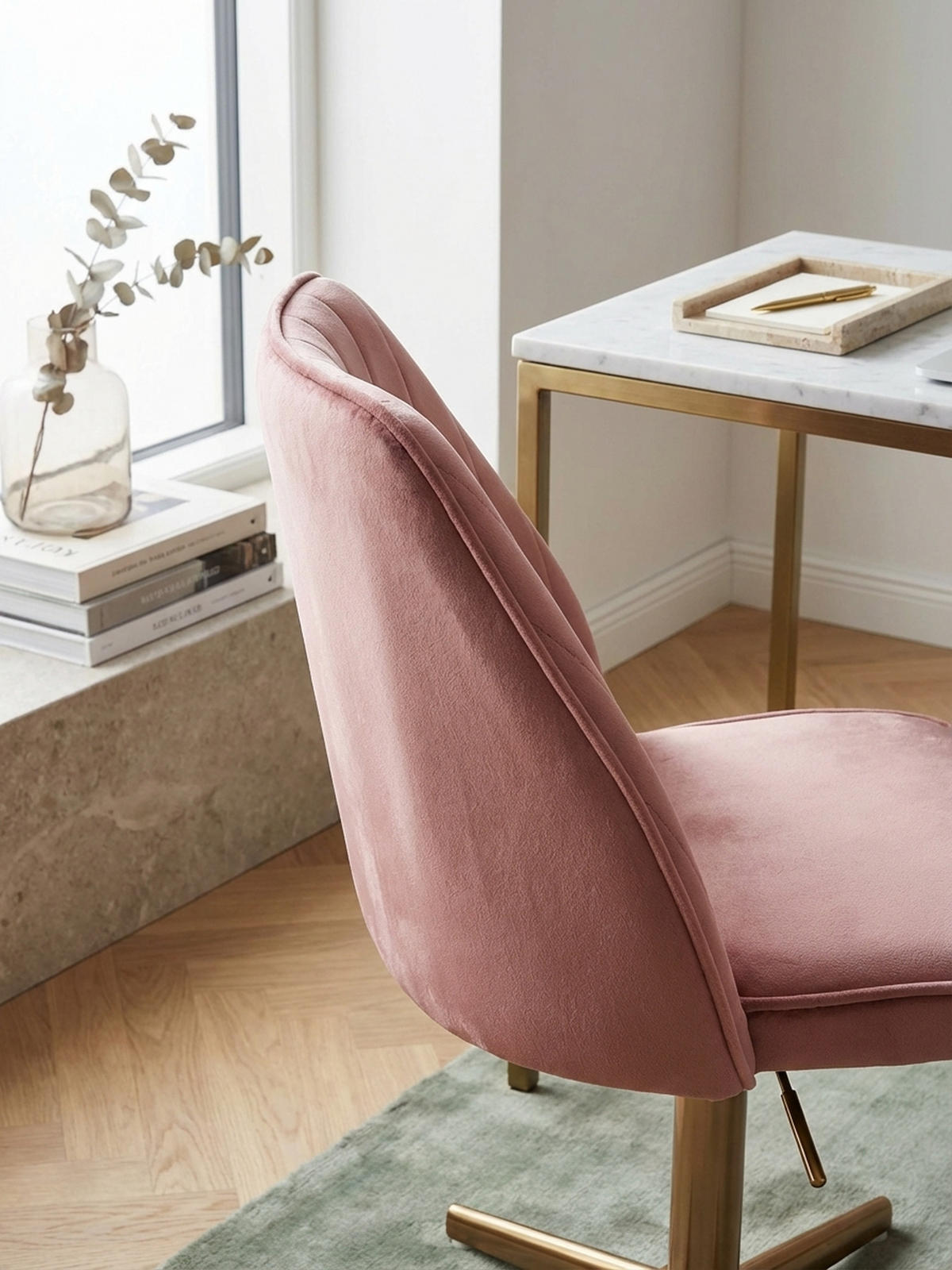 DREHSTUHL Samt mit Höhenverstellung, Eisenfuß und 360° Drehfunktion TANARO, Rosa - Pink/Goldfarben, Textil/Metall (60/100/60cm) - KADIMA DESIGN