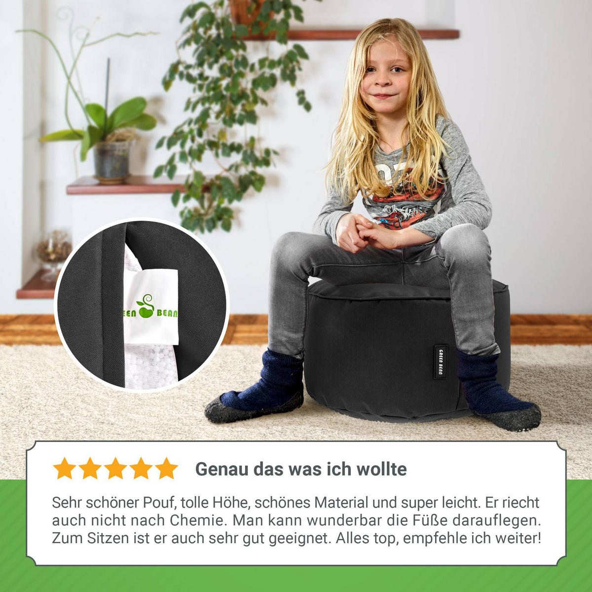 SITZSACK-HOCKER Pouf "Stay" 45x25cm - Schwarz, Textil (45/25/45cm) - Green Bean
