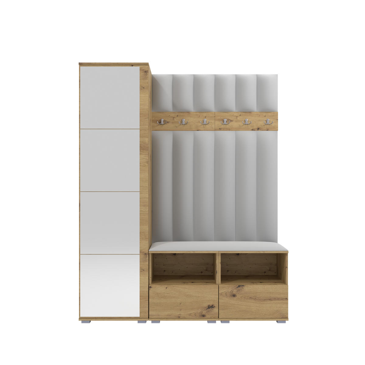 GEPOLSTERT Garderoben-Set Nela II LUX (Spiegel – Farbe Eiche Artisan + Stoff Trinity 32) - Silberfarben/Hellgrau, Holz/Holzwerkstoff (150/187/40cm) - Ravio