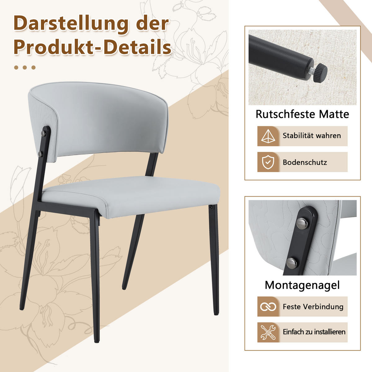 STUHL-SET DE-36686 2 Stück mit Kunstlederbezug und Metallgestell Hellgrau - Hellgrau, Metall (49/78/51cm) - ComfortXL
