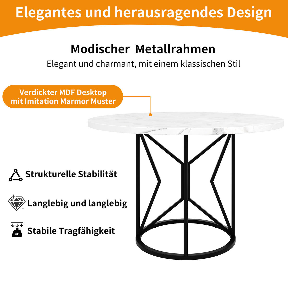 ESSTISCH 100x100x76 cm in Weiß und Gold aus MDF mit Marmoroptik auf schwarzem Metallgestell - Schwarz, Holzwerkstoff (100/100/76cm) - Modfu
