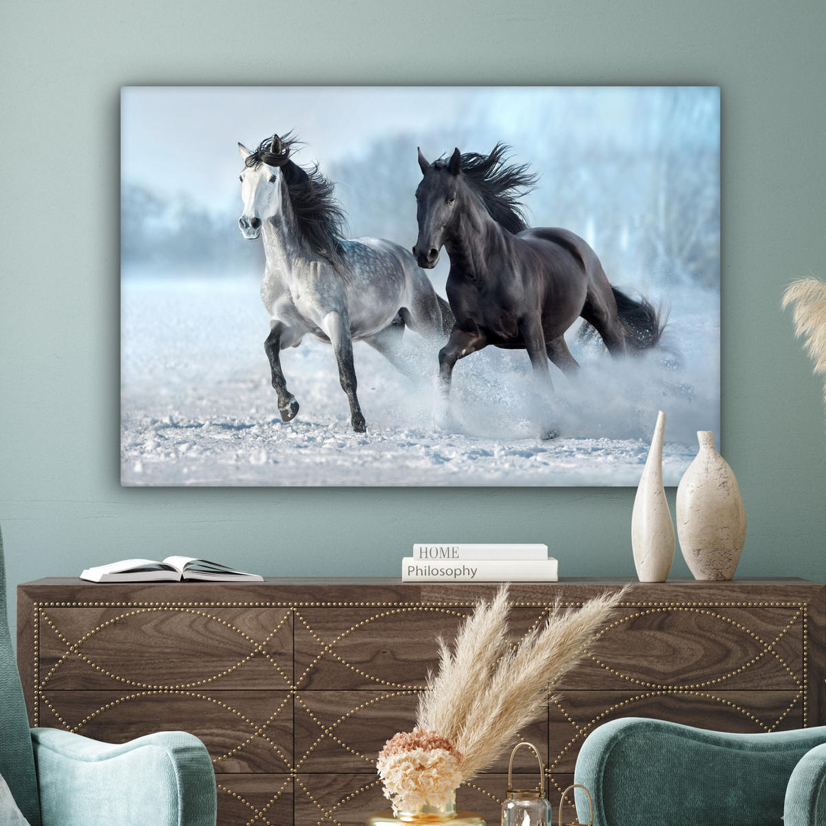 LEINWANDBILD Pferde - Winter - Tiere - Natur - Schnee XXL 150x100 cm - Anthrazit, Textil (150/100cm) - MuchoWow