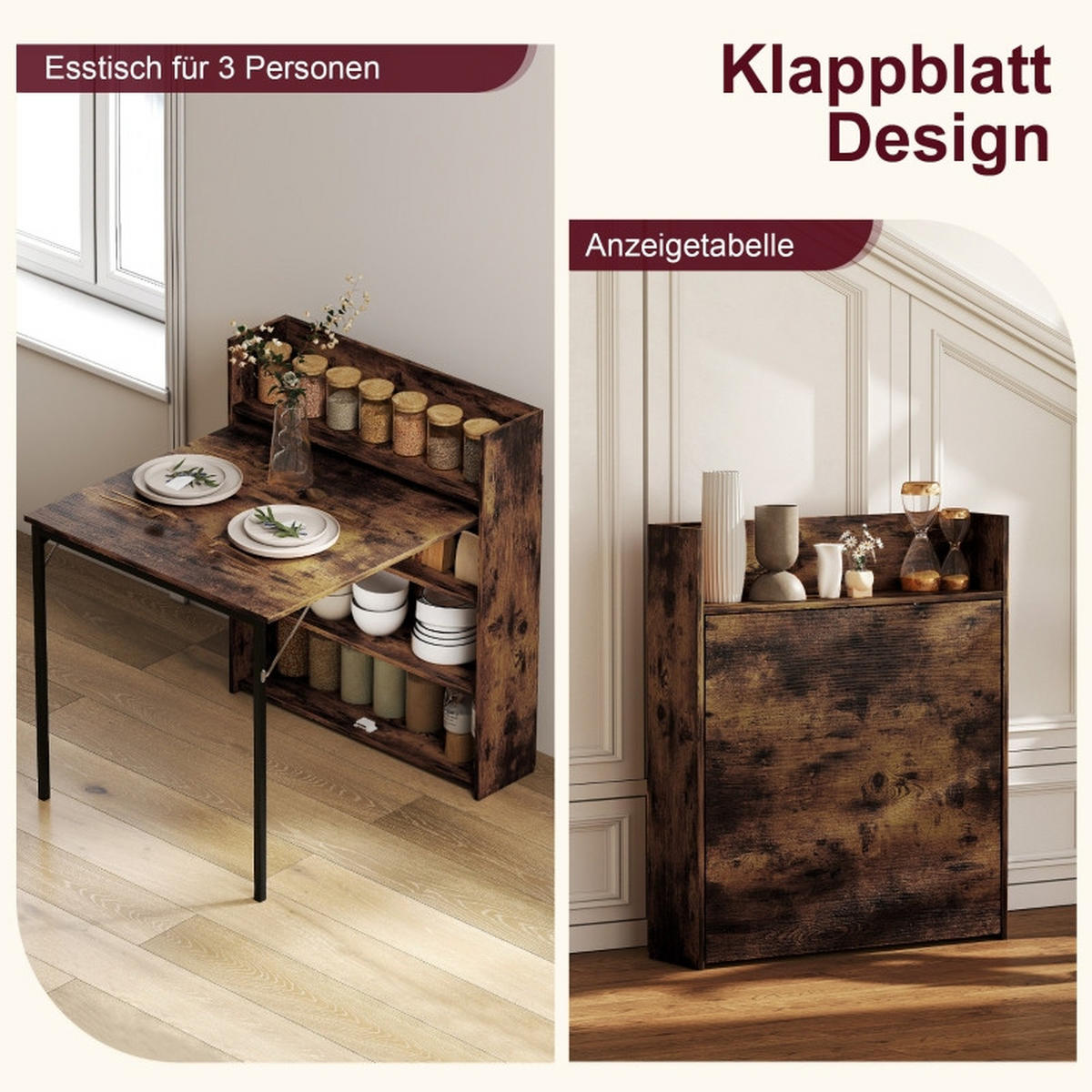 ESSTISCH 80/90/93 cm Rustic Brown klappbar mit 3 Regalen aus Holz - Braun, Holz (90/80/93cm) - OKWISH