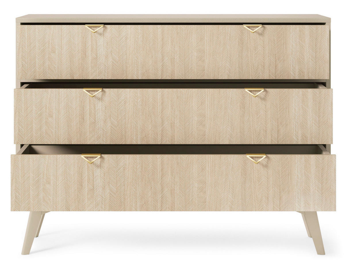 KOMMODE Silva 106 cm in Sandbeige + Scandi-Fischgrätmuster mit Schubladen - Beige/Goldfarben, Holz/Holzwerkstoff (106/81/38cm) - Ravio