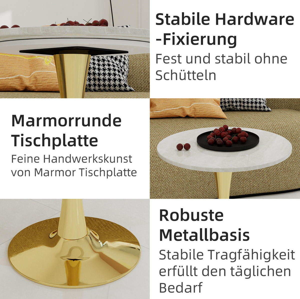 COUCHTISCH 70.1 cm Gold/Weiß aus Kunstmarmor mit runder Tischplatte - Goldfarben, Stein (70/70/72cm) - OKMYHOME